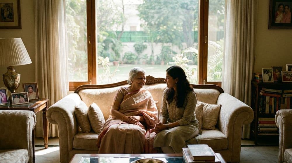 Elderly North Indian woman sharing a moment with her granddaughter at home, highlighting the importance of family support for the ageing population in India. Elderly North Indian woman sharing a moment with her granddaughter at home, highlighting the importance of family support for the ageing population in India.