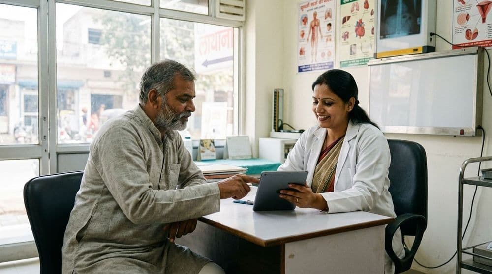 A North Indian patient and doctor discuss health information on a tablet in a modern clinic, representing a positive doctor-patient relationship in the digital age. A North Indian patient and doctor discuss health information on a tablet in a modern clinic, representing a positive doctor-patient relationship in the digital age.