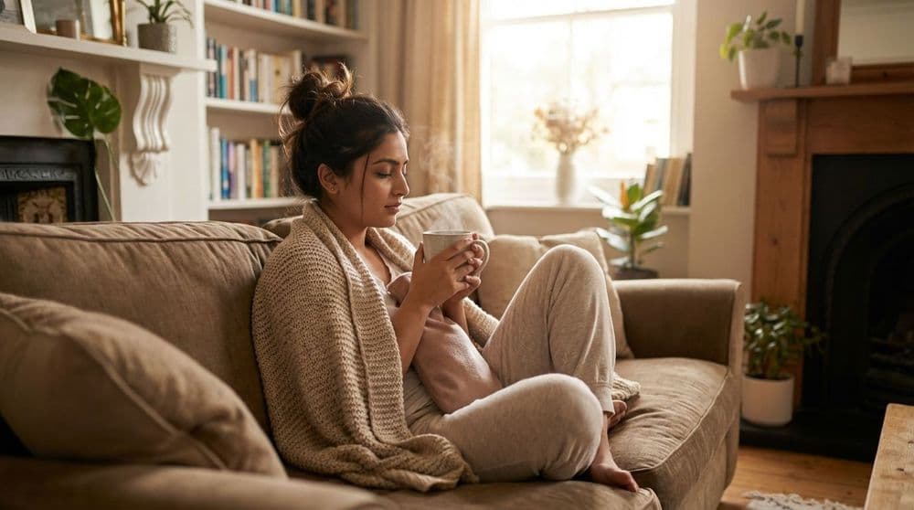 A North Indian woman easing menstrual cramps with a hot water bottle and herbal tea in a comfortable setting. A North Indian woman easing menstrual cramps with a hot water bottle and herbal tea in a comfortable setting.