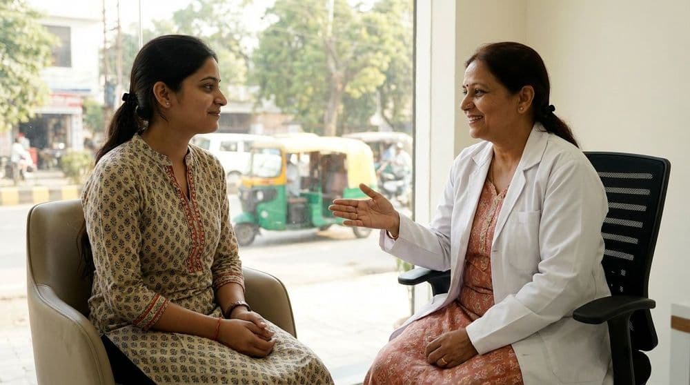 A young North Indian woman having a comfortable consultation with her gynecologist in a modern clinic. A young North Indian woman having a comfortable consultation with her gynecologist in a modern clinic.
