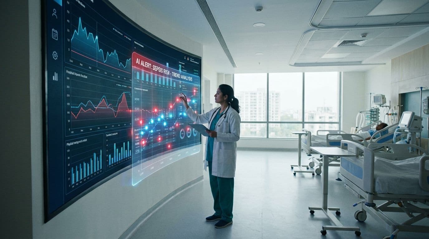 Doctor in a Lucknow ICU using an AI-powered system to monitor patient vitals on a large digital screen. Doctor in a Lucknow ICU using an AI-powered system to monitor patient vitals on a large digital screen.