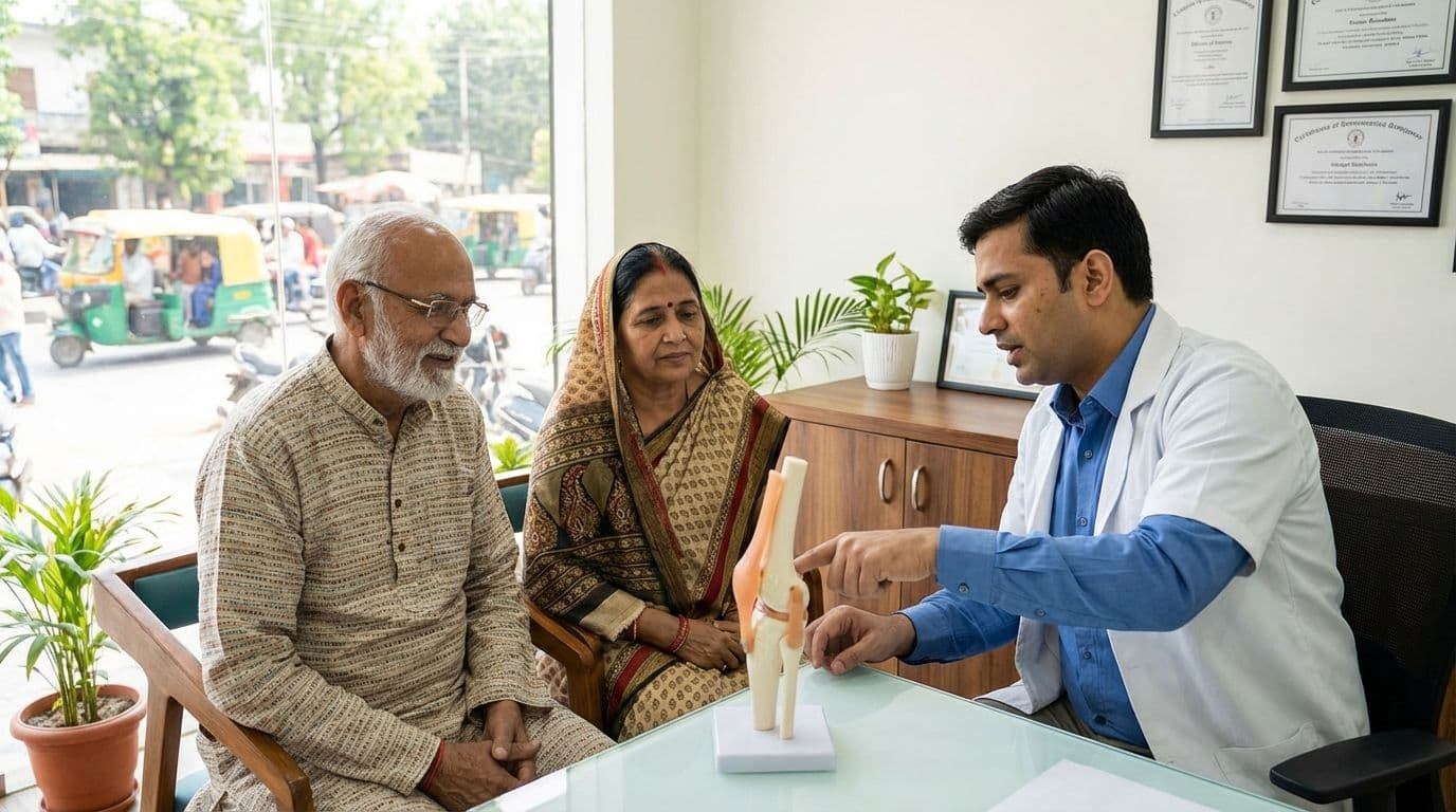 An elderly Indian couple consulting with an orthopedic surgeon about the CGHS rules for knee replacement surgery in a clinic. An elderly Indian couple consulting with an orthopedic surgeon about the CGHS rules for knee replacement surgery in a clinic.
