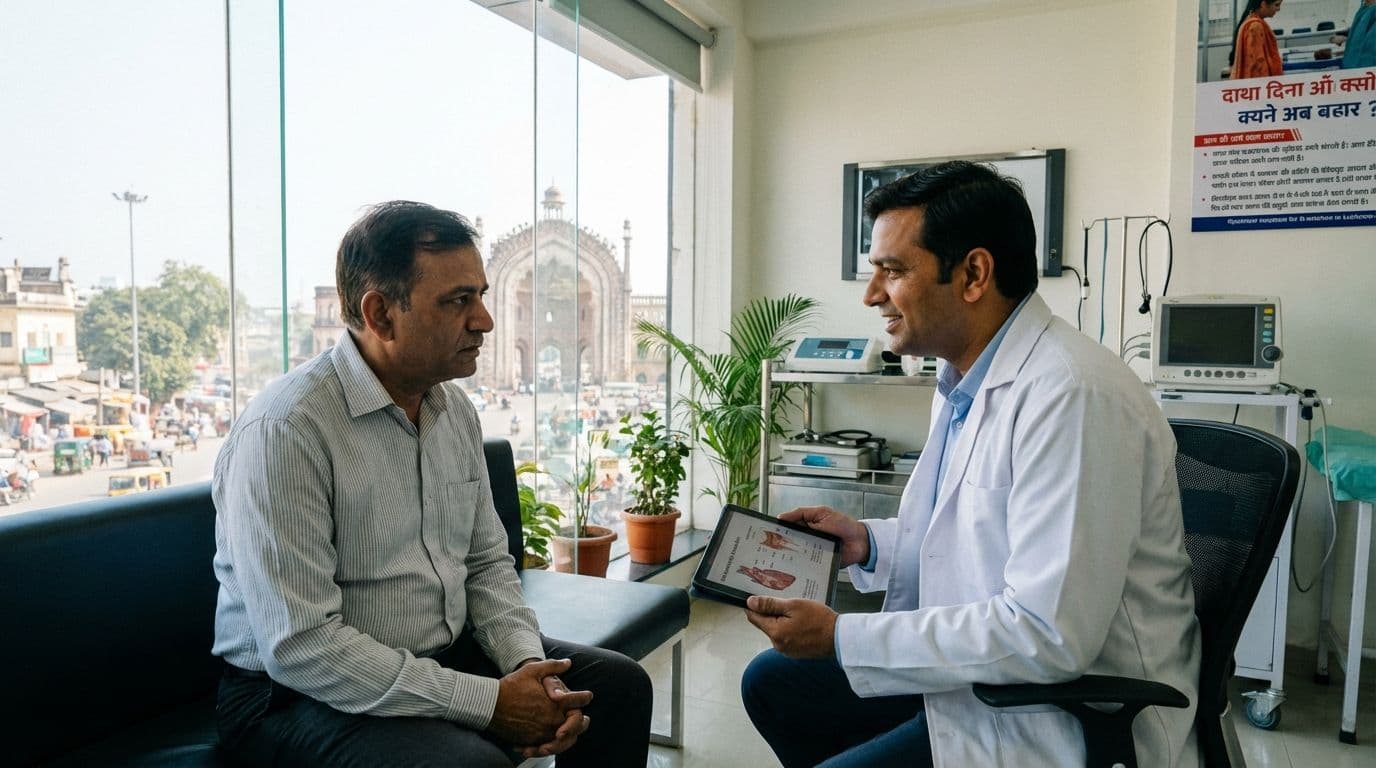 A doctor in a North Indian clinic discussing fissure and fistula treatment options with a patient. A doctor in a North Indian clinic discussing fissure and fistula treatment options with a patient.