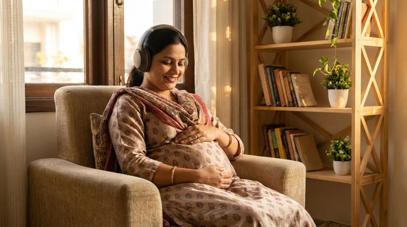 A pregnant North Indian woman practicing Garbh Sanskar by listening to calming music for her baby's wellbeing. A pregnant North Indian woman practicing Garbh Sanskar by listening to calming music for her baby's wellbeing.